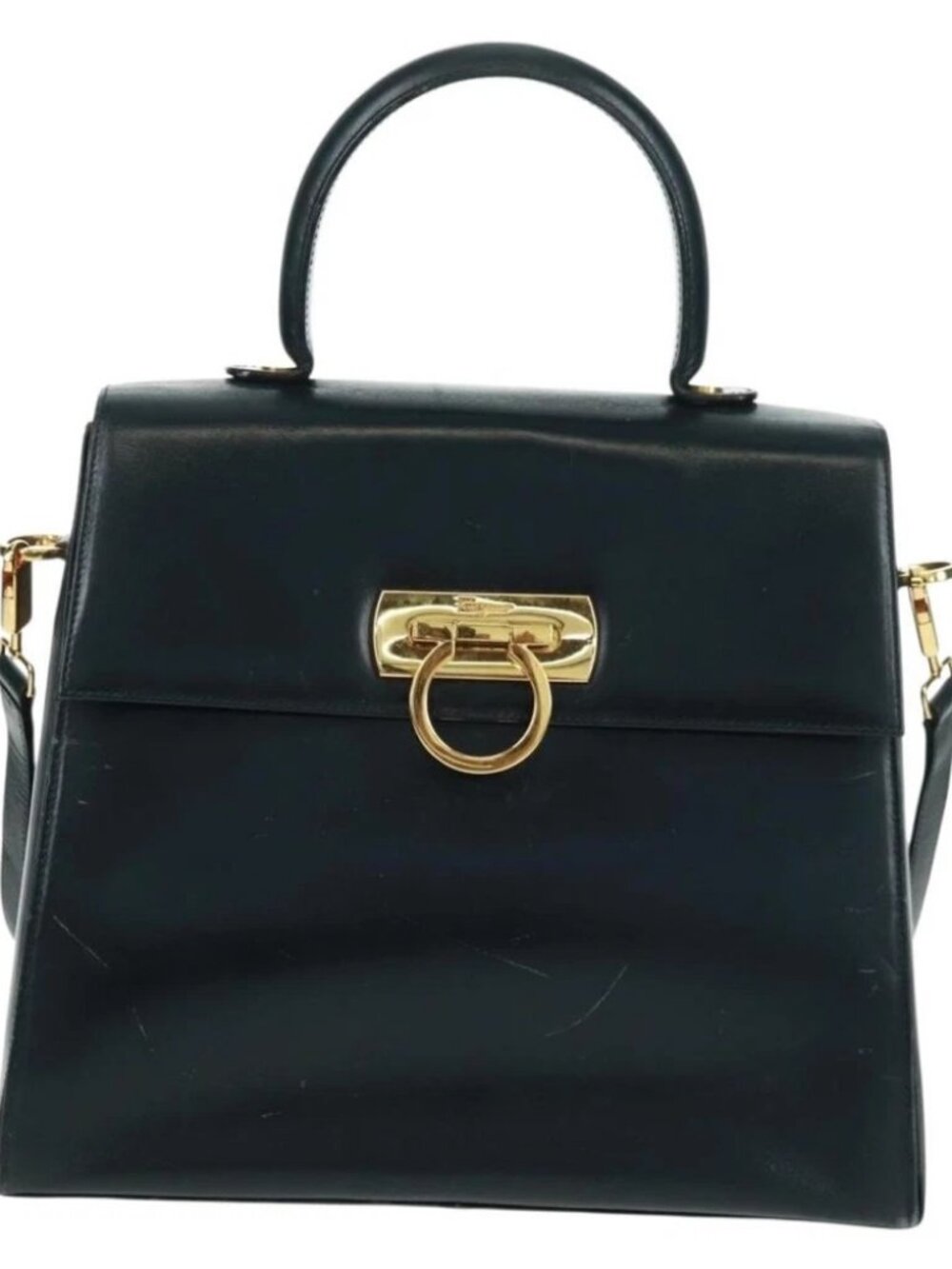 Salvatore Ferragamo Gancini Hand Bag Leather 2way Navy Gold - Picture 2 of 16